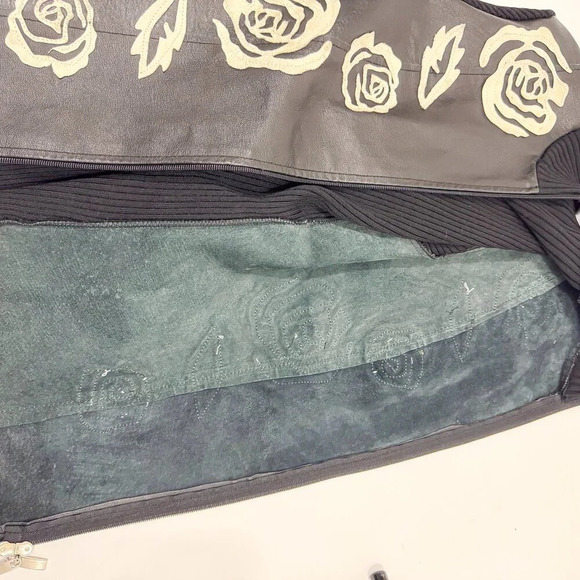 RARE VINTAGE KATHERINE BARCLAY LEATHER ZIP UP WITH ROSE LEATHER MOTIF JACKET - Picture 12 of 14